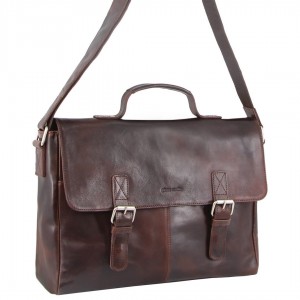 Pierre Cardin Rustic Leather Computer Bag Dark Chocolate | 296057-ZXA