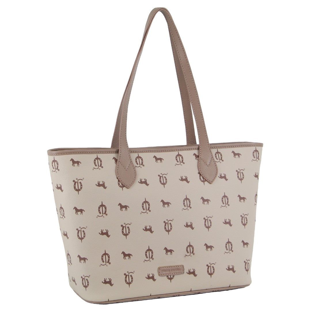 Pierre Cardin Canvas Print Leather Trim Tote Bag Beige | 127504-AVU