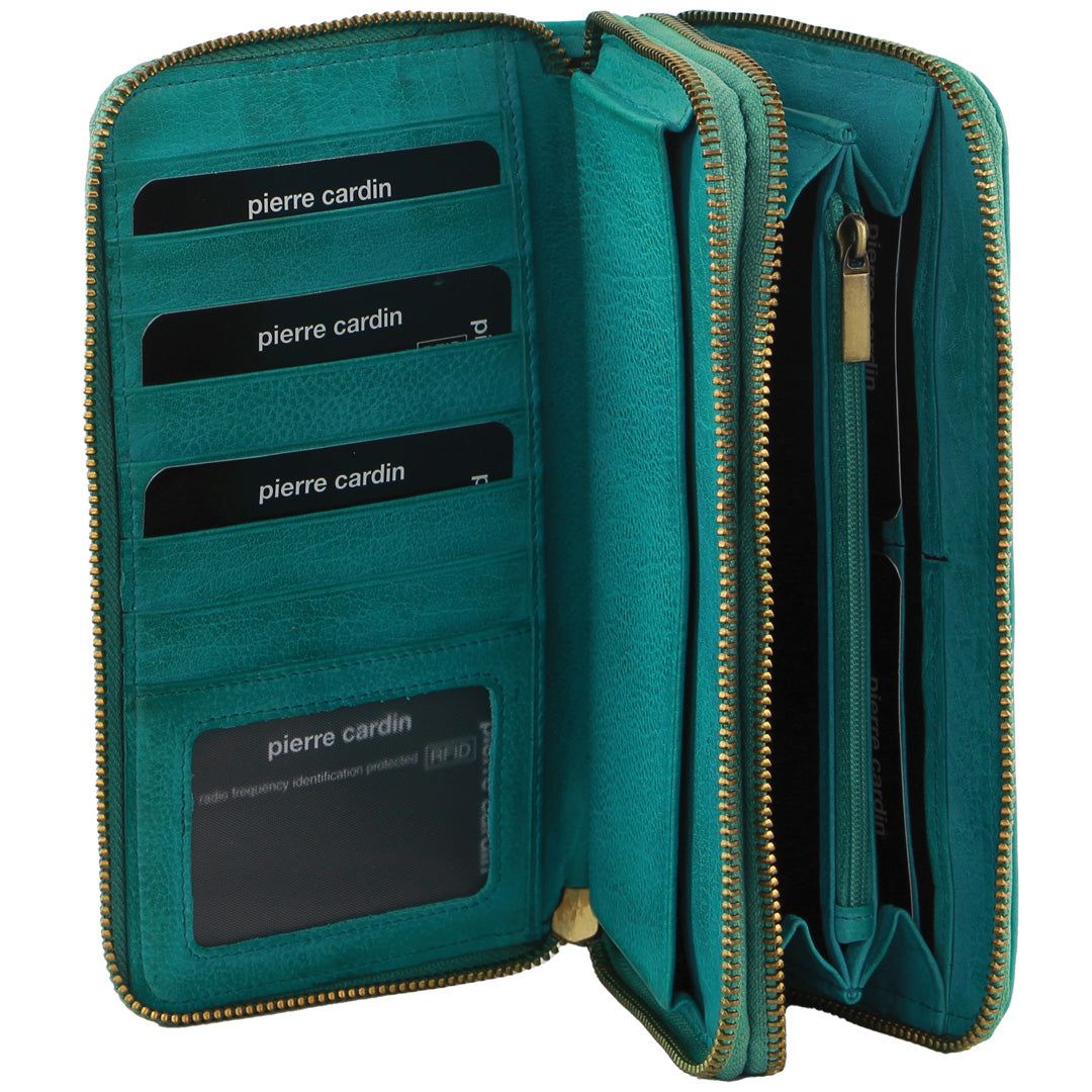 Pierre Cardin Italian Leather Double Zip Wallet Turquoise | 095418-XAR