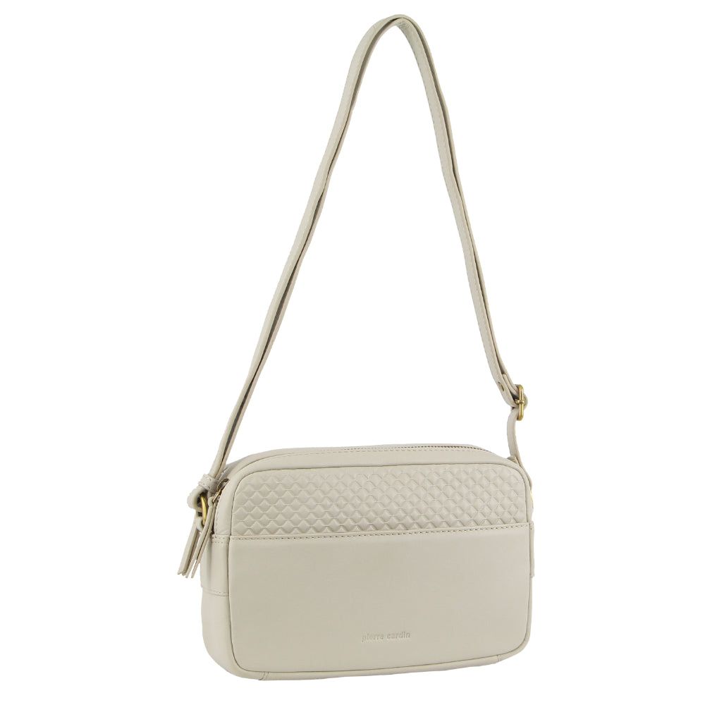 Pierre Cardin Leather Diamond Pattern Embossed Crossbody Bag Beige | 076543-DPH