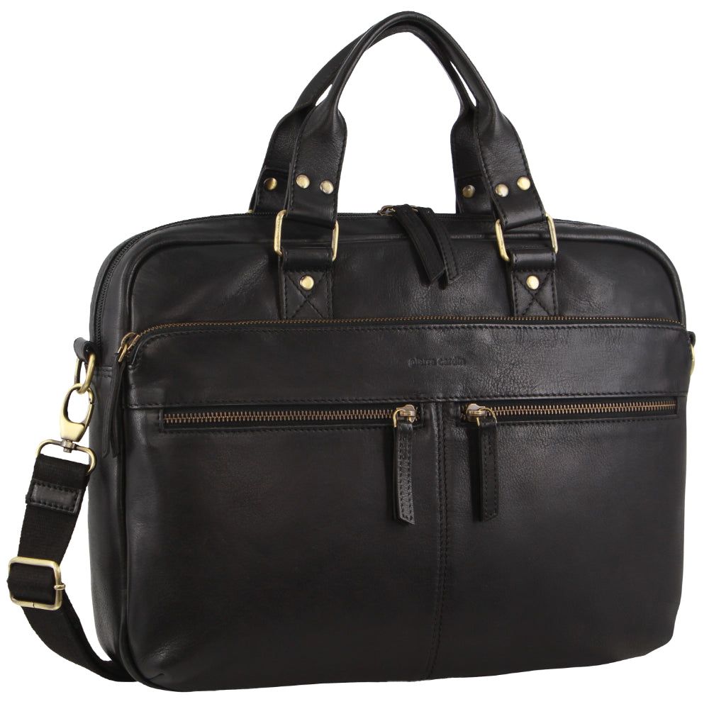 Pierre Cardin Multi-Compartment Leather Computer Bag Black | 457619-IMA