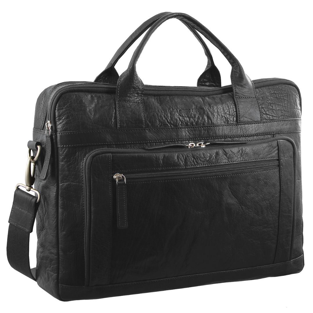 Pierre Cardin Rustic Leather Computer Business Bag Black | 026318-MQK